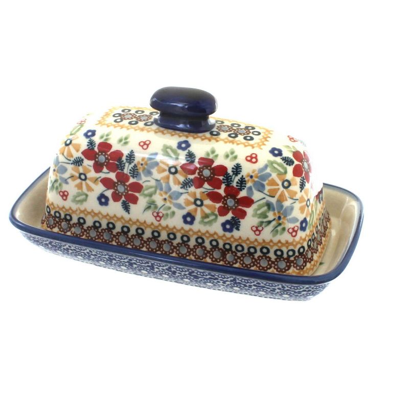 Blue Rose Polish Pottery Red Daisy Butter Dish
