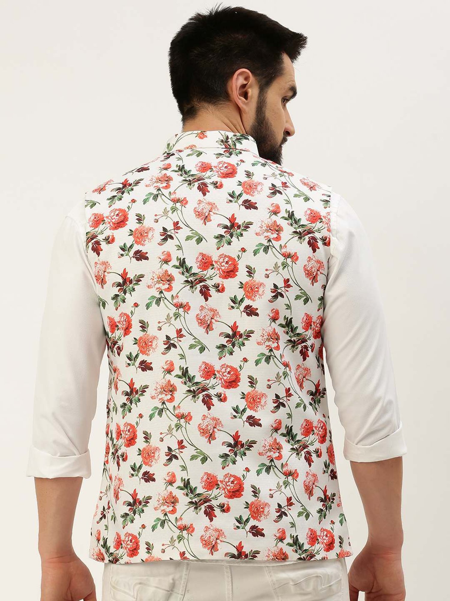 SHOWOFF White Cotton Slim Fit Printed Nehru Jacket