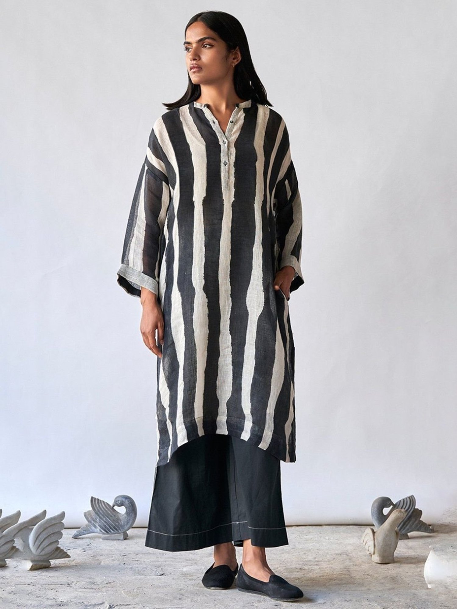 Ganga Fashions Black & Tofu Stripe Linen Kurta with Pant Co-ords Set