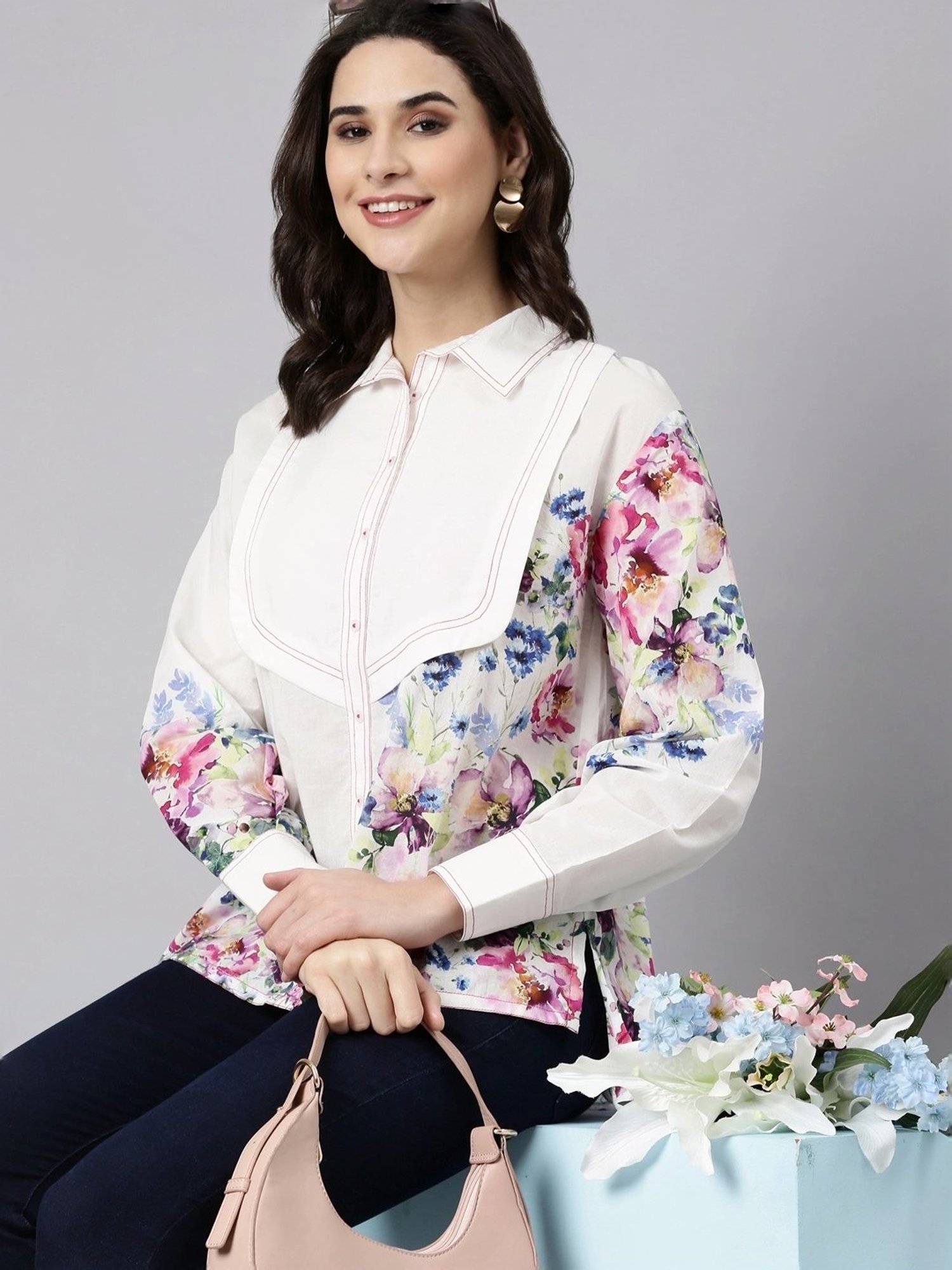 Zolo Label White Cotton Floral Print Shirt