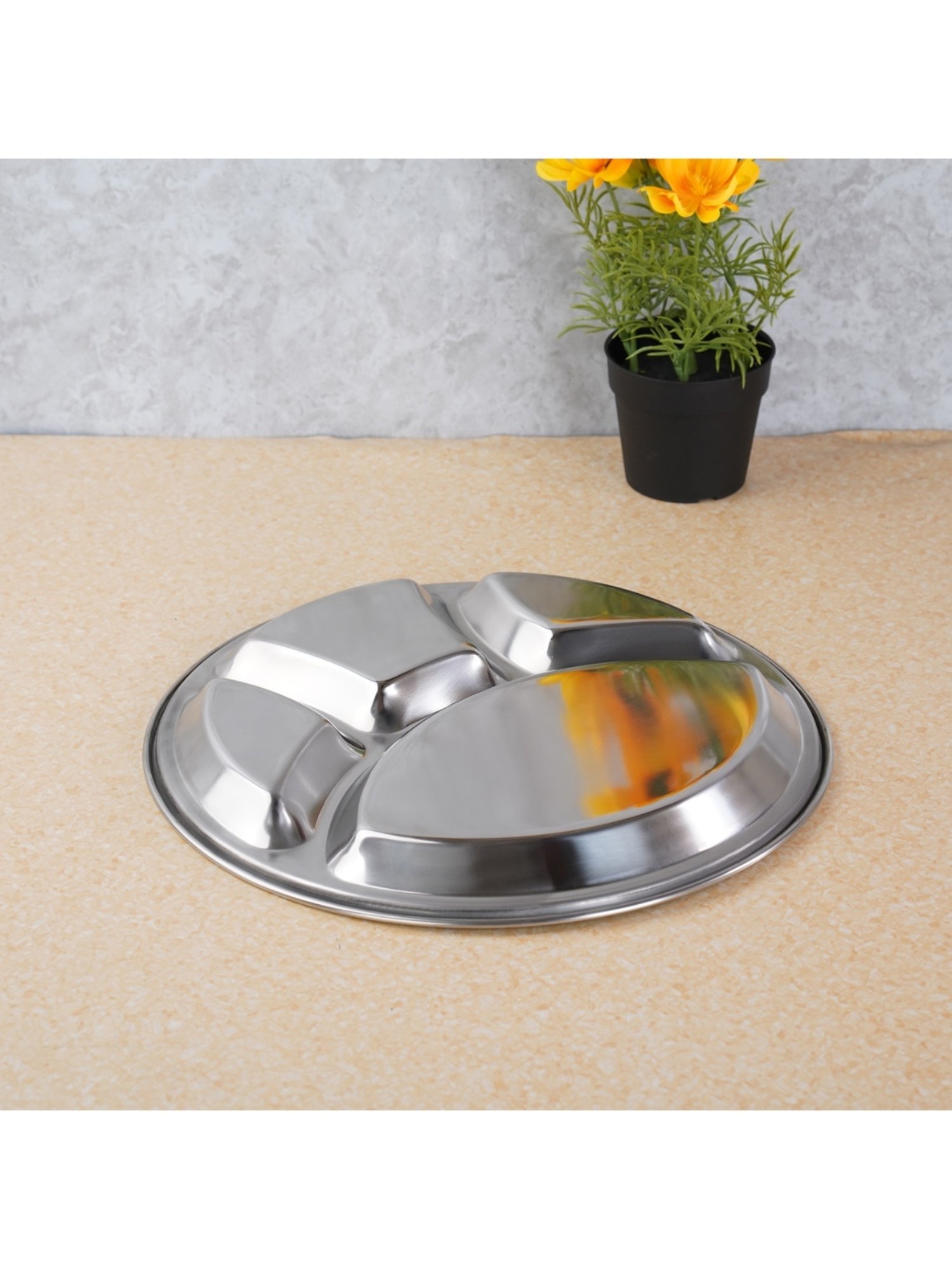 Sumeet Stainless Steel Round 4 in 1 Compartment Lunch / Dinner Plate 1Pc, 32.5cm Dia, Silver