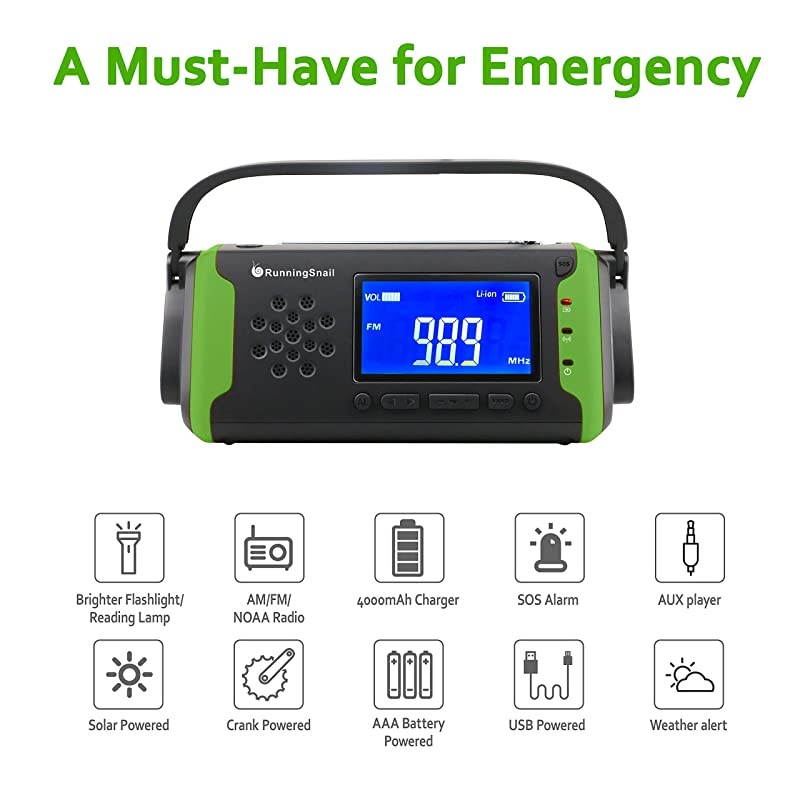 NOAA Weather Crank Solar Powered Portable Radio with 4000mAh Battery Power for Cell Phone, Bright Flashlight for Household and Outdoor Survival (097-Green)