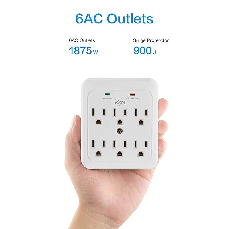 Wall Surge Protector 980 Joule 6Outle Wall Plug Adapter Power Strip White