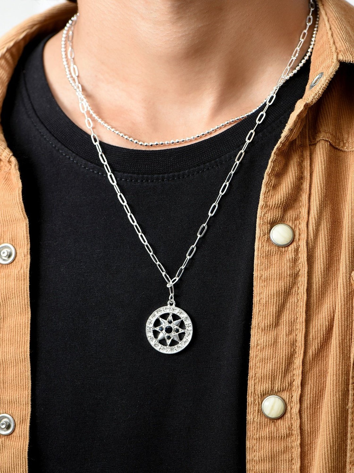 The Bro code Black Silver-Plated Round CZ Studded Charm Ball Chain Layered Necklace for Men