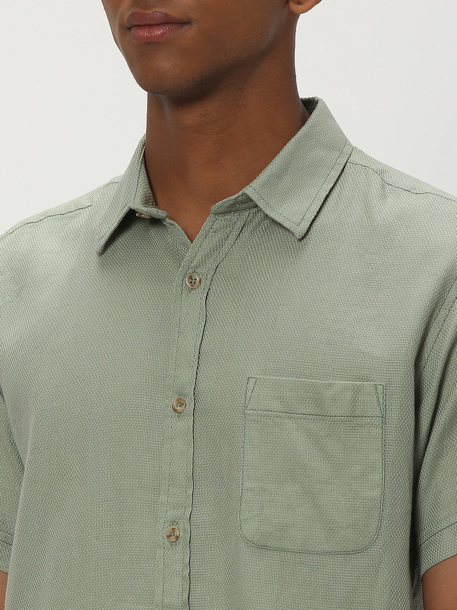 Mufti Light Olive Slim Fit Textured Cotton Linen Shirt