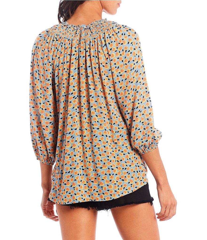 Bobeau Ditsy Print Smocked Notch V-Neck 3/4 Sleeve Top