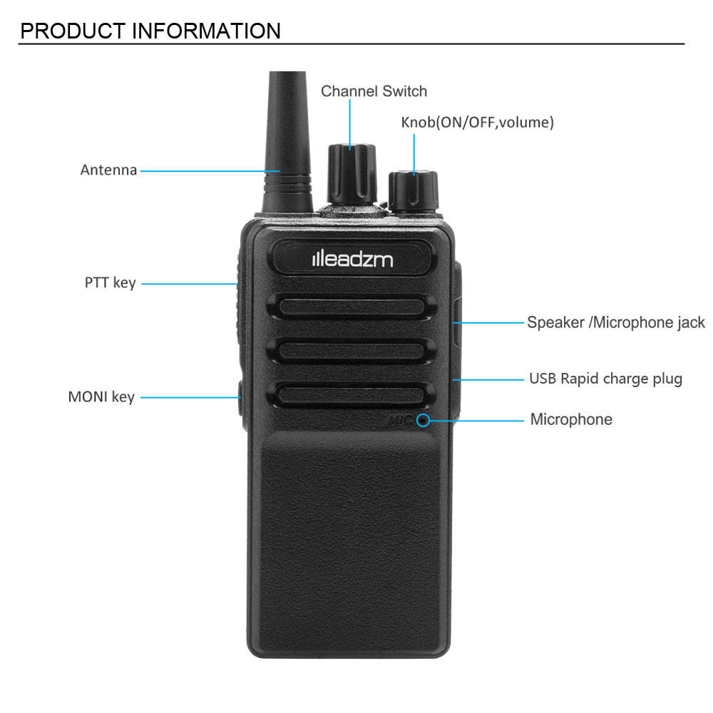Single USB Cable Chargeable Handheld Walkie Talkie with 2800mAh Battery & Charger & Earphone