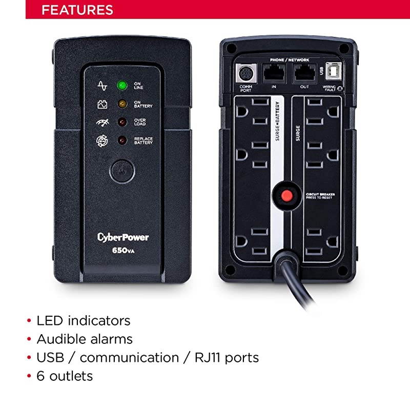 RT650 UPS System, 650VA/400W, 6 Outlets, Mini-Tower, 5-Year Warranty black