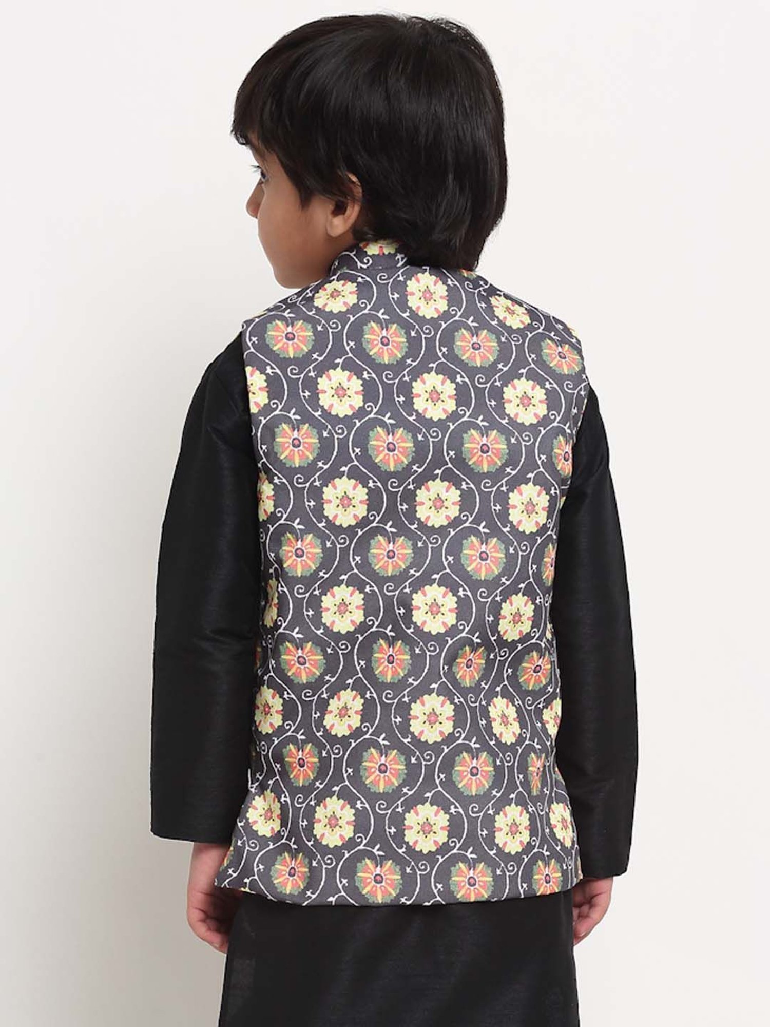 Benstoke Kids Black & Yellow Printed Nehru Jacket