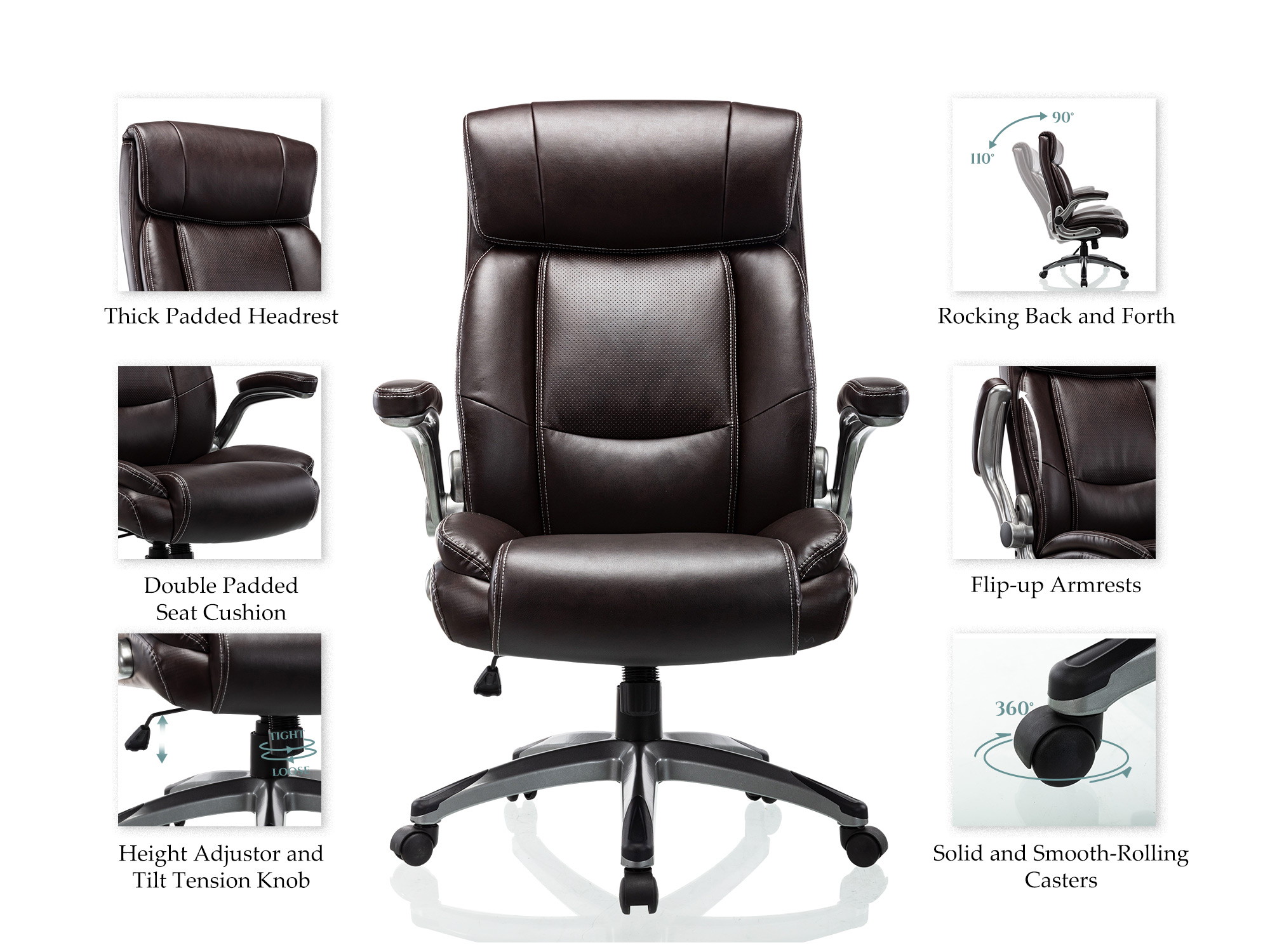 Height Adjustable High Back Computer Office Chair - Flip-Up Armrest Thick Padded Seat and Back Support, Swivel Bonded Leather Executive Task Chair