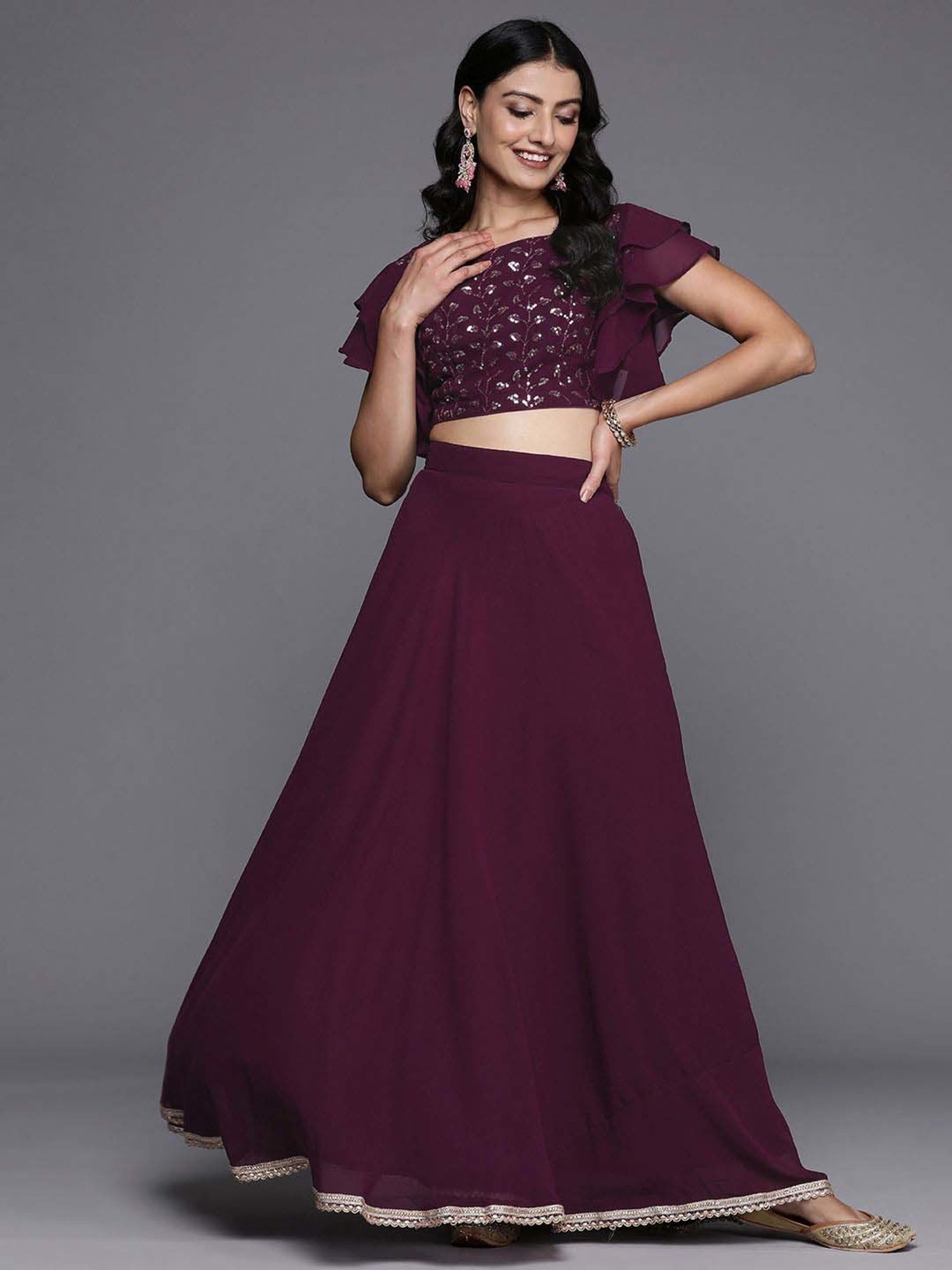 Libas Wine Plain Lehenga Choli Set