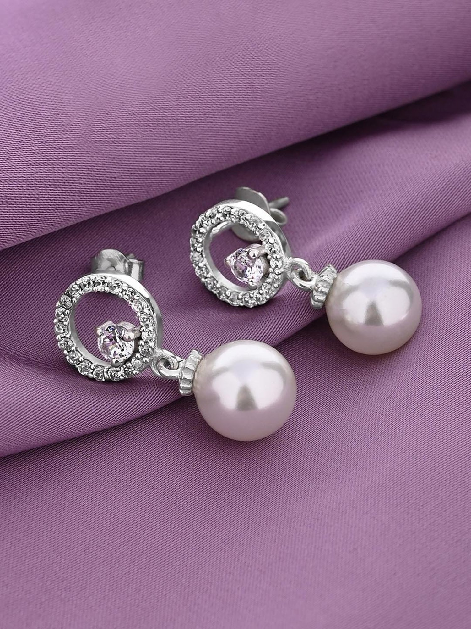 March by FableStreet Silver White Pearl & Zircon Drop Earrings for Women