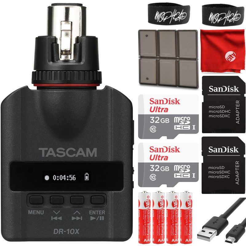 Tascam DR-10X Micro Linear Plug-On Audio Recorder Bundle with 2x 32GB Ultra microSD Memory Card, Cable Ties, Memory Card Case, Microfiber Cloth and AAA Batteries