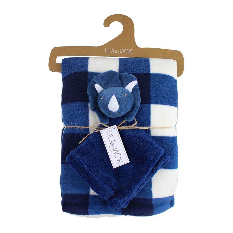 Lila and Jack Navy and White Gingham Print Fleece Kids' Throw with Navy Dino Lovey