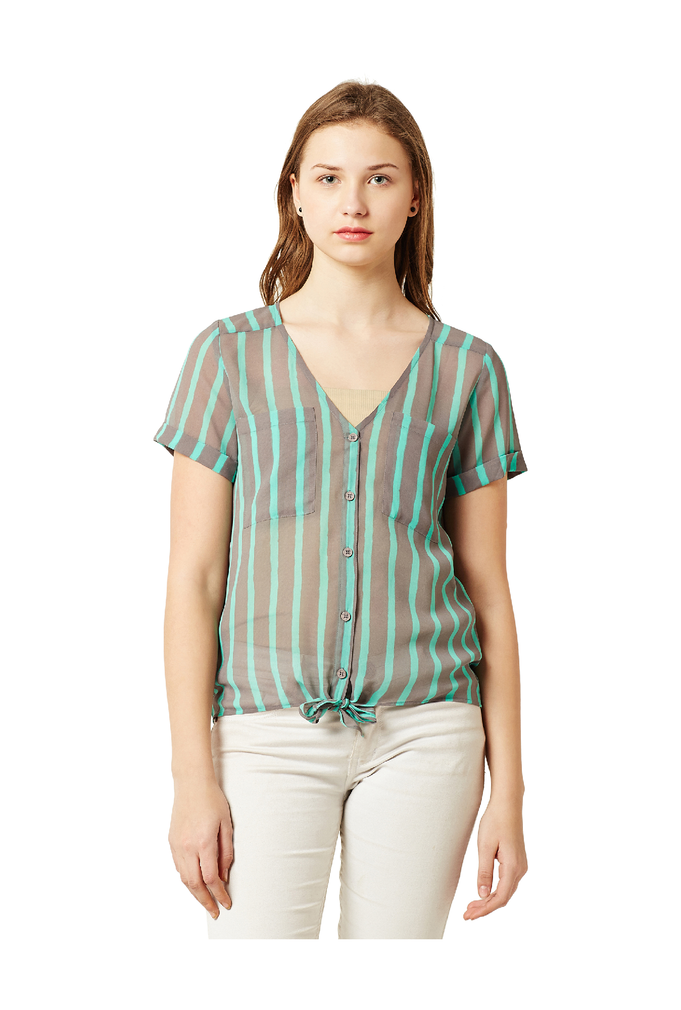 Miss Chase Grey & Mint Striped Georgette Top