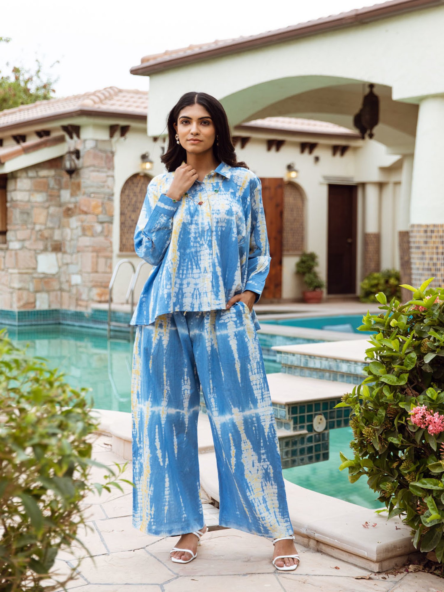 Asrumo White Blue Tie Dye Cotton Coord Set