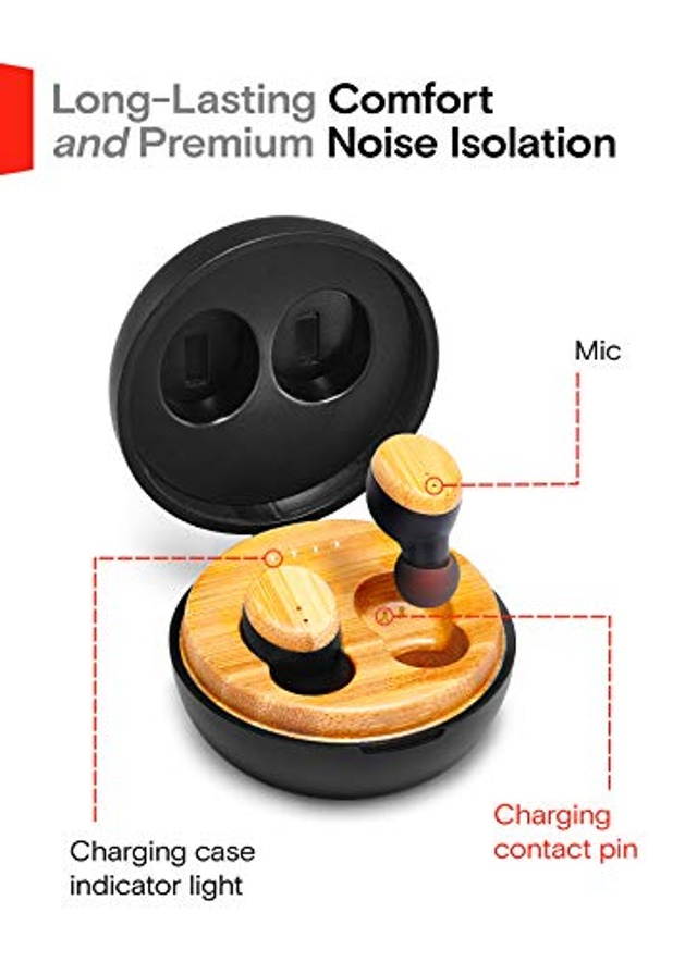 Symphonized SNRGY - True Wireless Wood Earbuds Headphones with Charging Case, Comfortable Cordless Earphones for Music 25-Hour Listening Time Bluetooth 5.0 Headphones Portable Headset with in-Ear Mic