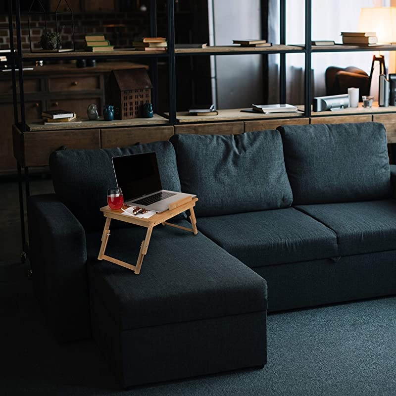 Bed Tray Table and Laptop Desk (Bamboo) Tilting Surface for Reading, Tablets, Serving, and Eating Food | Lap Desk with Adjustable Legs | Kids, Adults