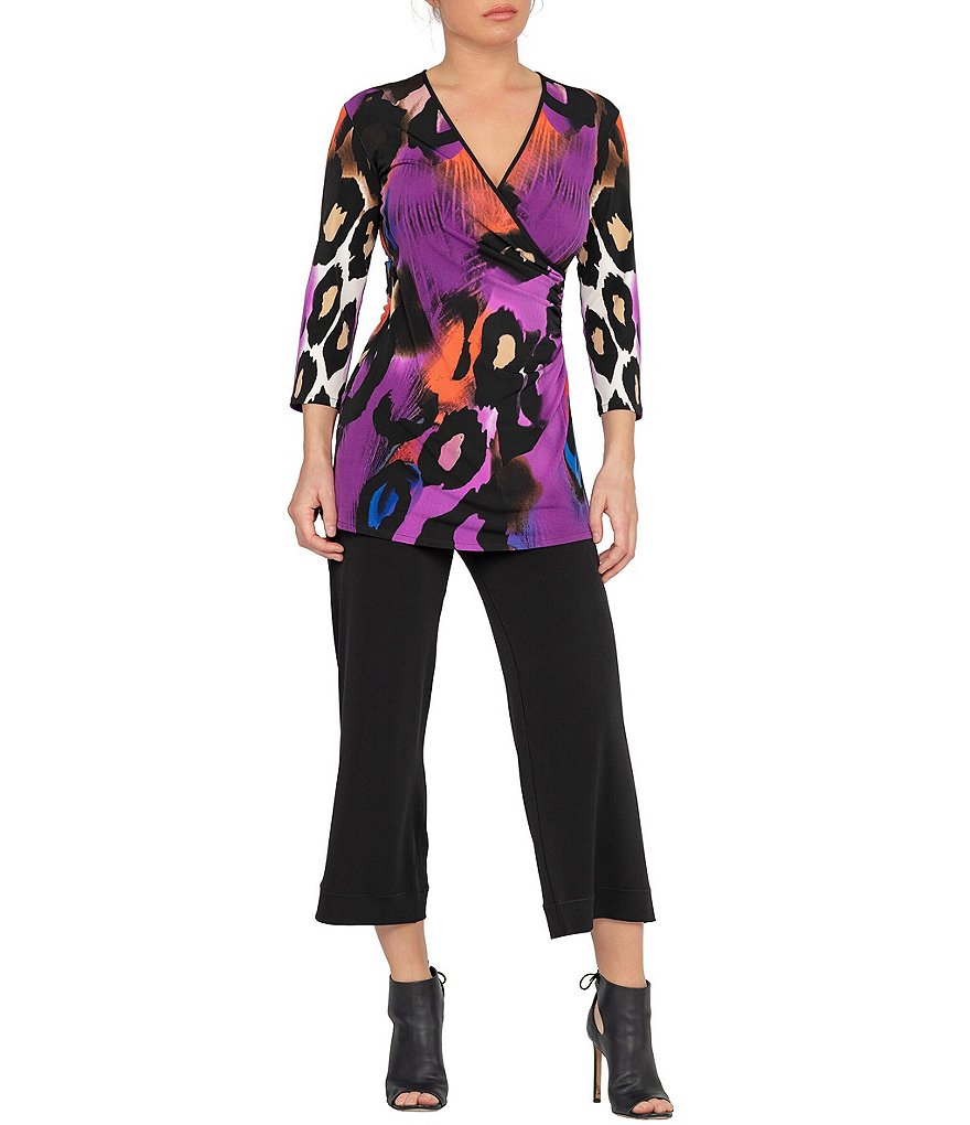 Eva Varro Animal Print Knit Jersey Faux-Wrap V-Neck 3/4 Sleeve Blouse