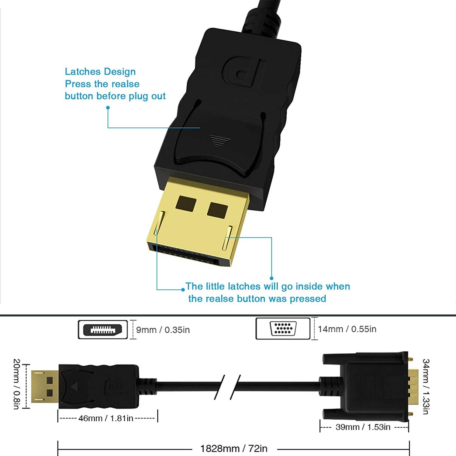 2 Pack DisplayPort to VGA 3 ft and 6 ft DisplayPort to VGA Adapter FOBOIU DP to VGA Cable Connects DP Port from Desktop or Laptop to Monitor or Projector with VGA Port