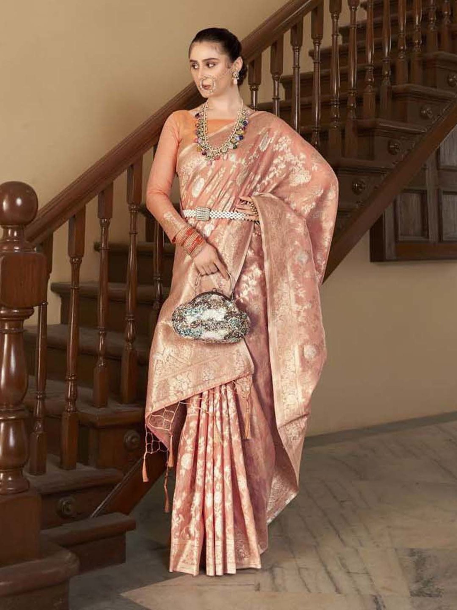 Elora Peach Silk Woven Saree With Unstitched Blouse