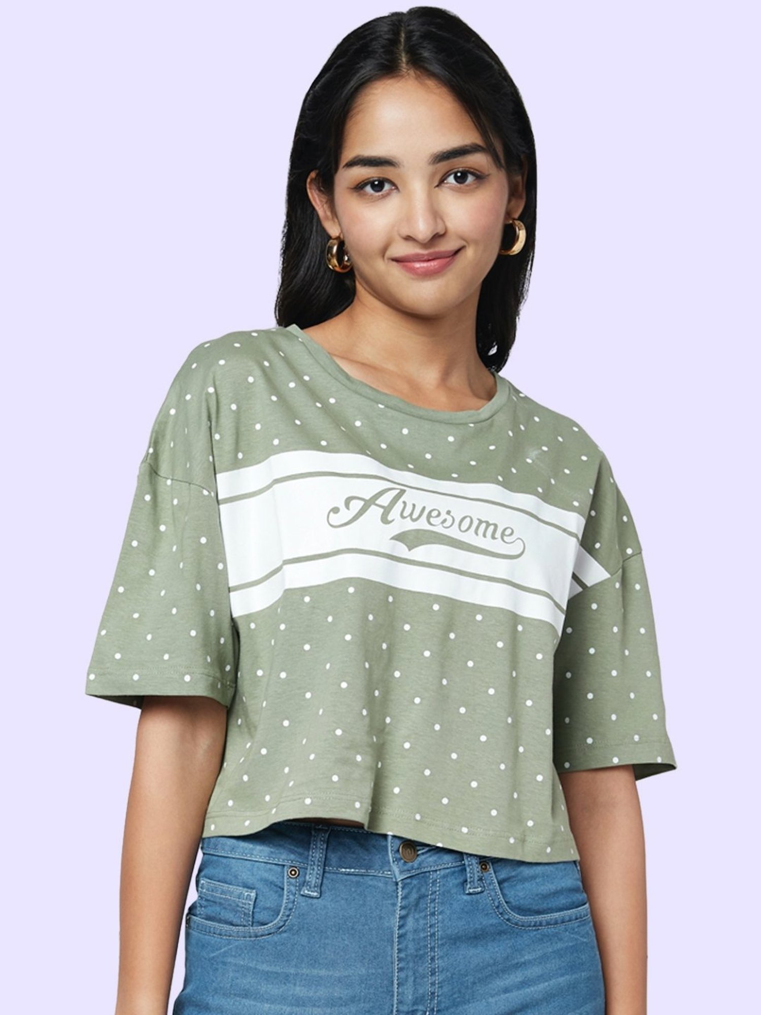 YU by Pantaloons Olive Green Cotton Graphic Print Top