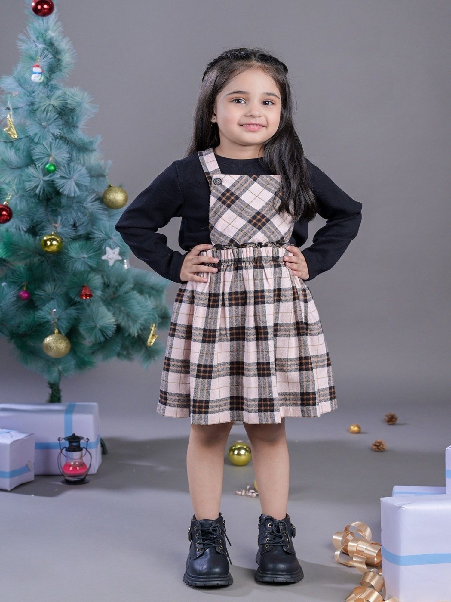 Budding Bees Kids Grey & Black Checks Full Sleeves Top with Dress
