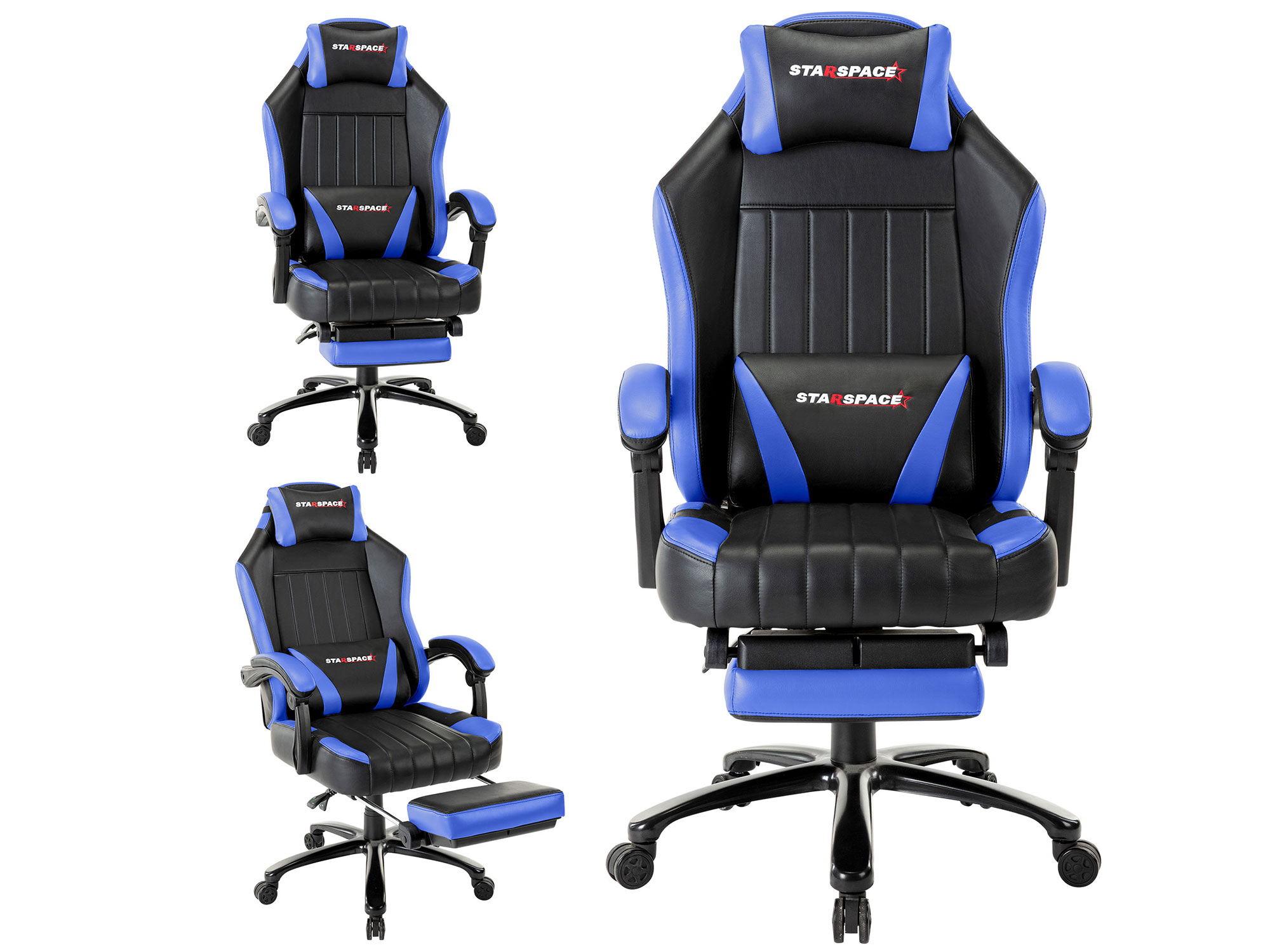 STRASPACE Big & Tall 400lb Memory Foam Reclining Gaming Chair Metal Base - Adjustable Back Angle and Retractable Footrest Ergonomic High-Back Leather Racing Executive Computer Desk Office Chair, Blue