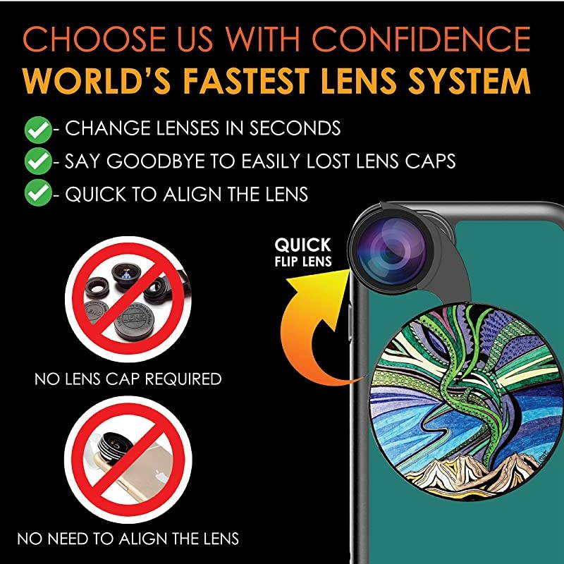 Designer Revolver M Series Camera Kit: 4 in 1 Lens with Case for iPhone 7/8 / SE 2020 &ndash; Fisheye Lens, Wide Angle Lens, Macro Lens, CPL (Aurora Borealis)