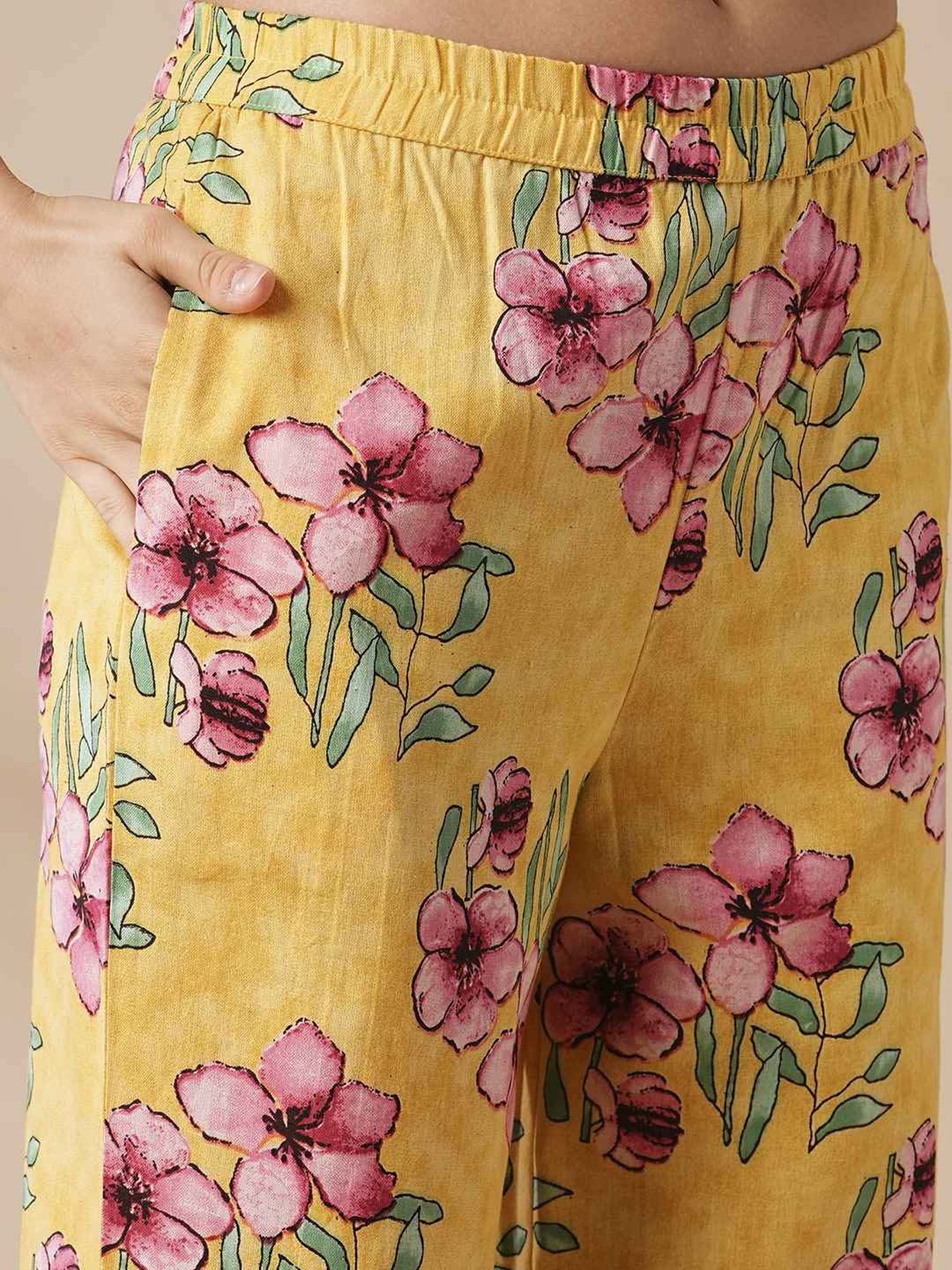 Fashor Yellow Cotton Floral Print Kurta Palazzo Set