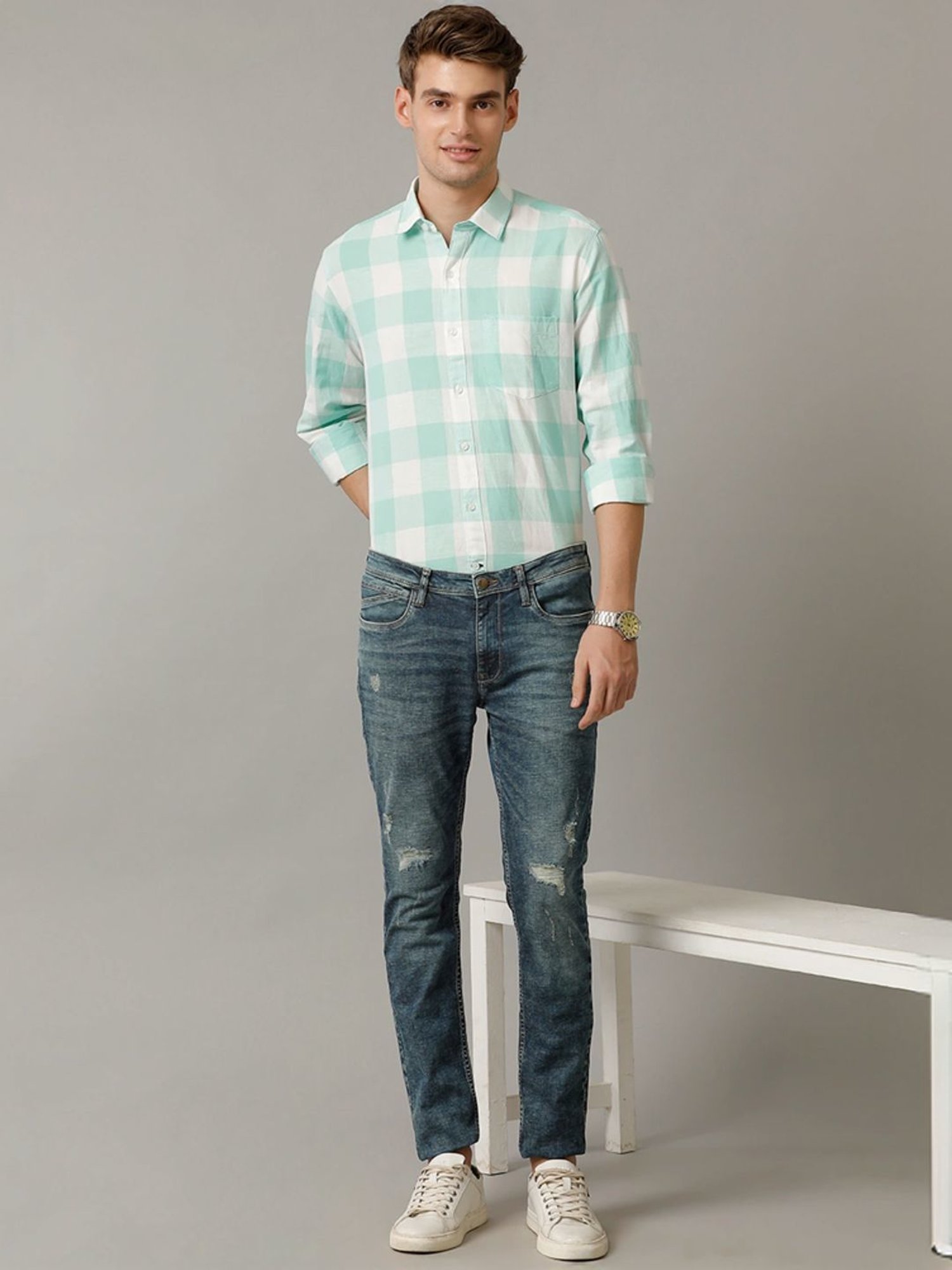 Cavallo By Linen Club Green Linen Contemporary Fit Checks Shirt