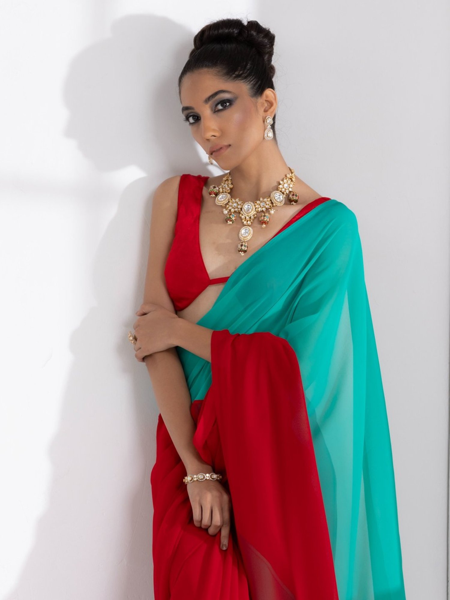 Swtantra Red & Ocean Blue Plain Saree With Unstitched Blouse