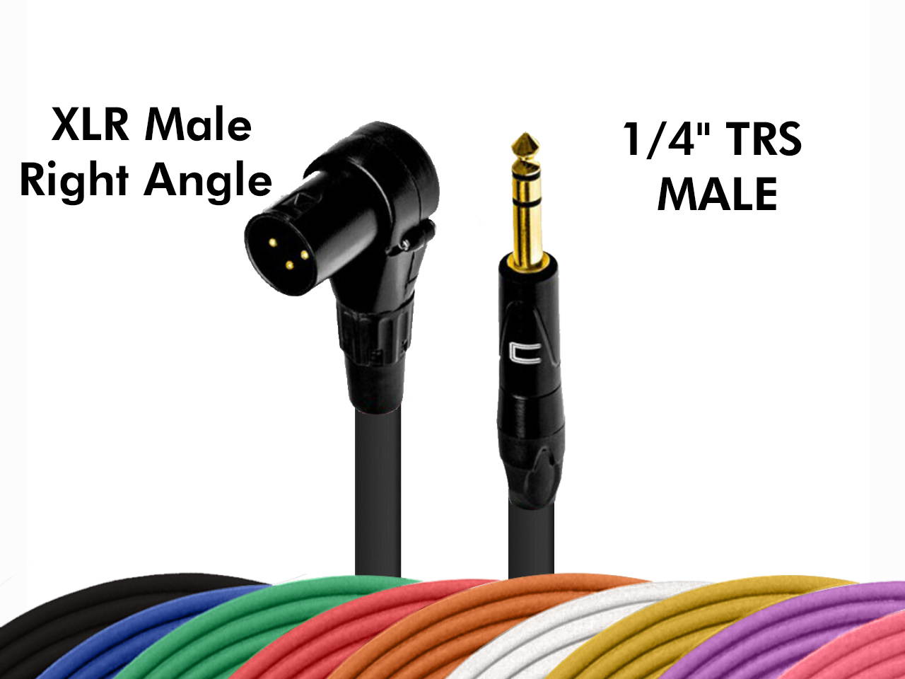Right Angle 3-Pin XLR Male to 1/4" TRS Balanced Stereo Cable Custom Length Color