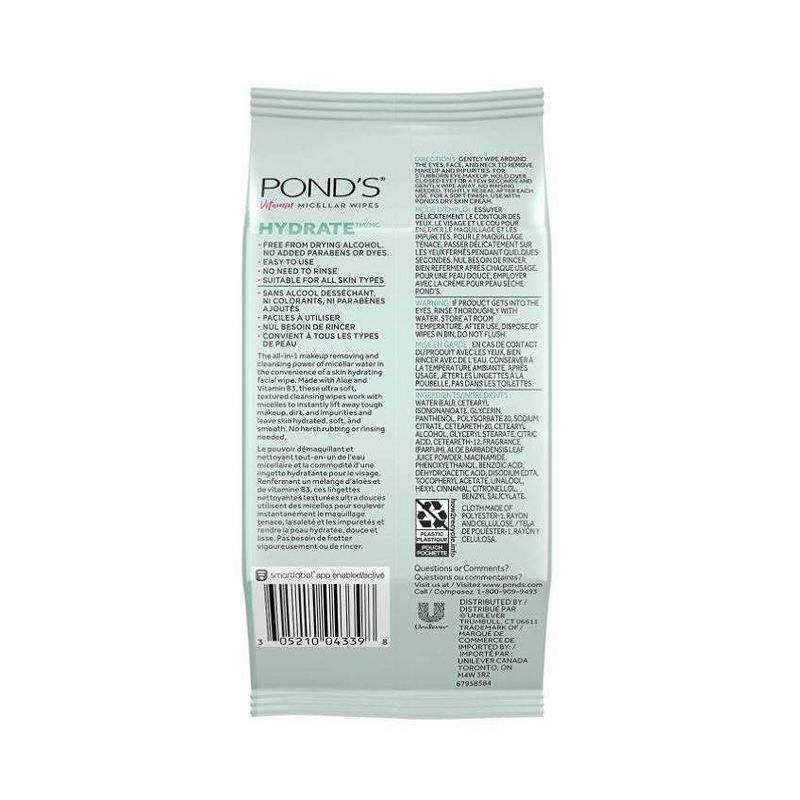 Pond's Vitamin Micellar Hydrate Facial Wipes - Vit B3 - Aloe Vera - 65ct