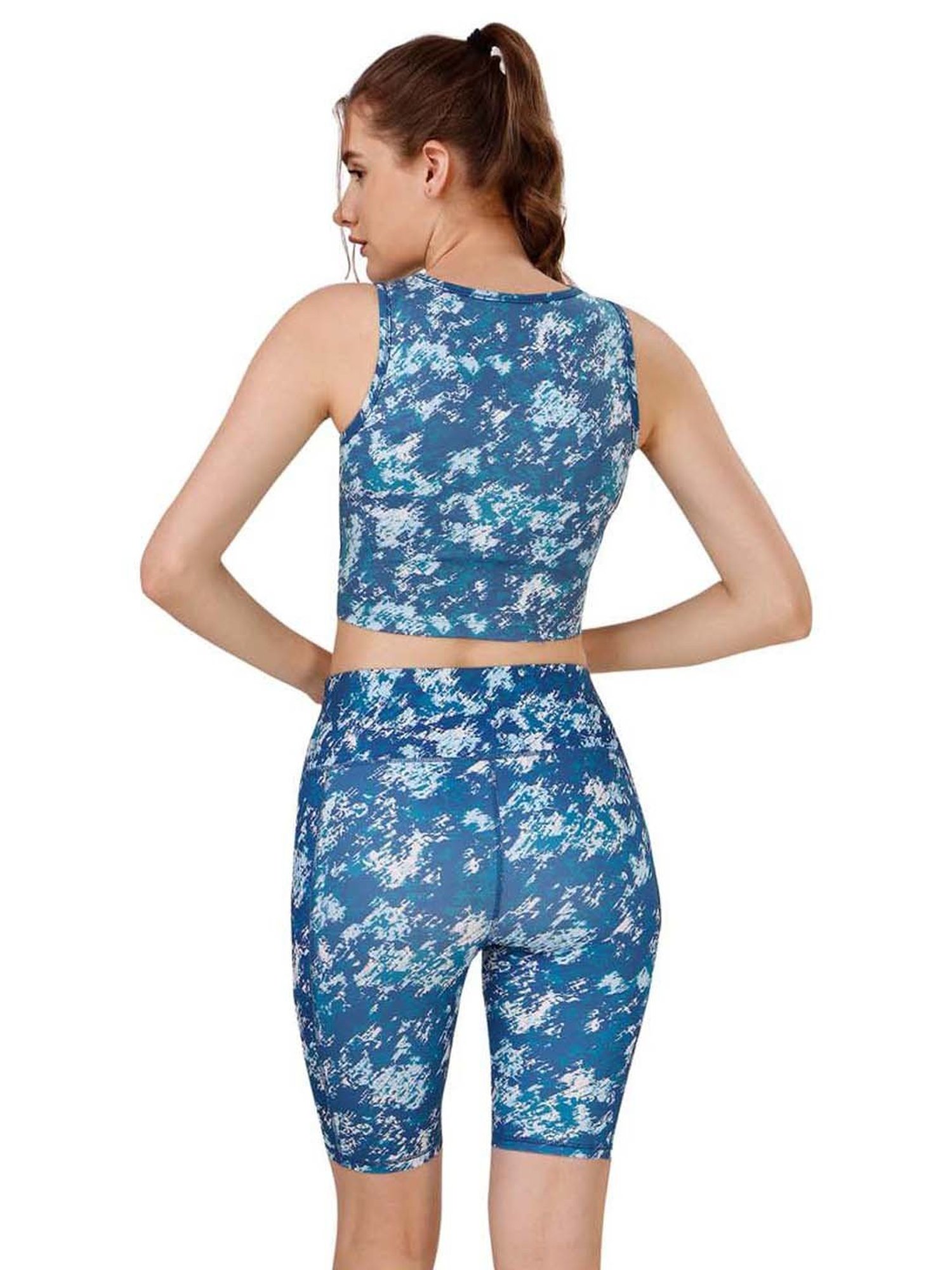Soie Blue Printed Sports Crop Top Shorts Set