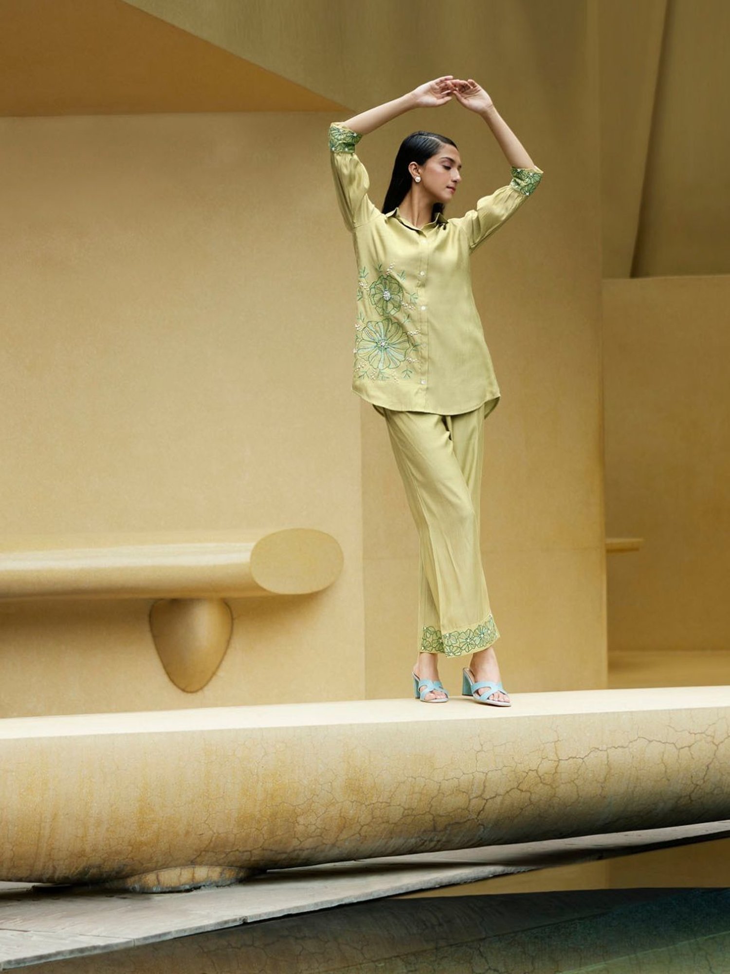 Kaftanize Kiaa Pista Green Applique and Embroidered Shirt with Pant