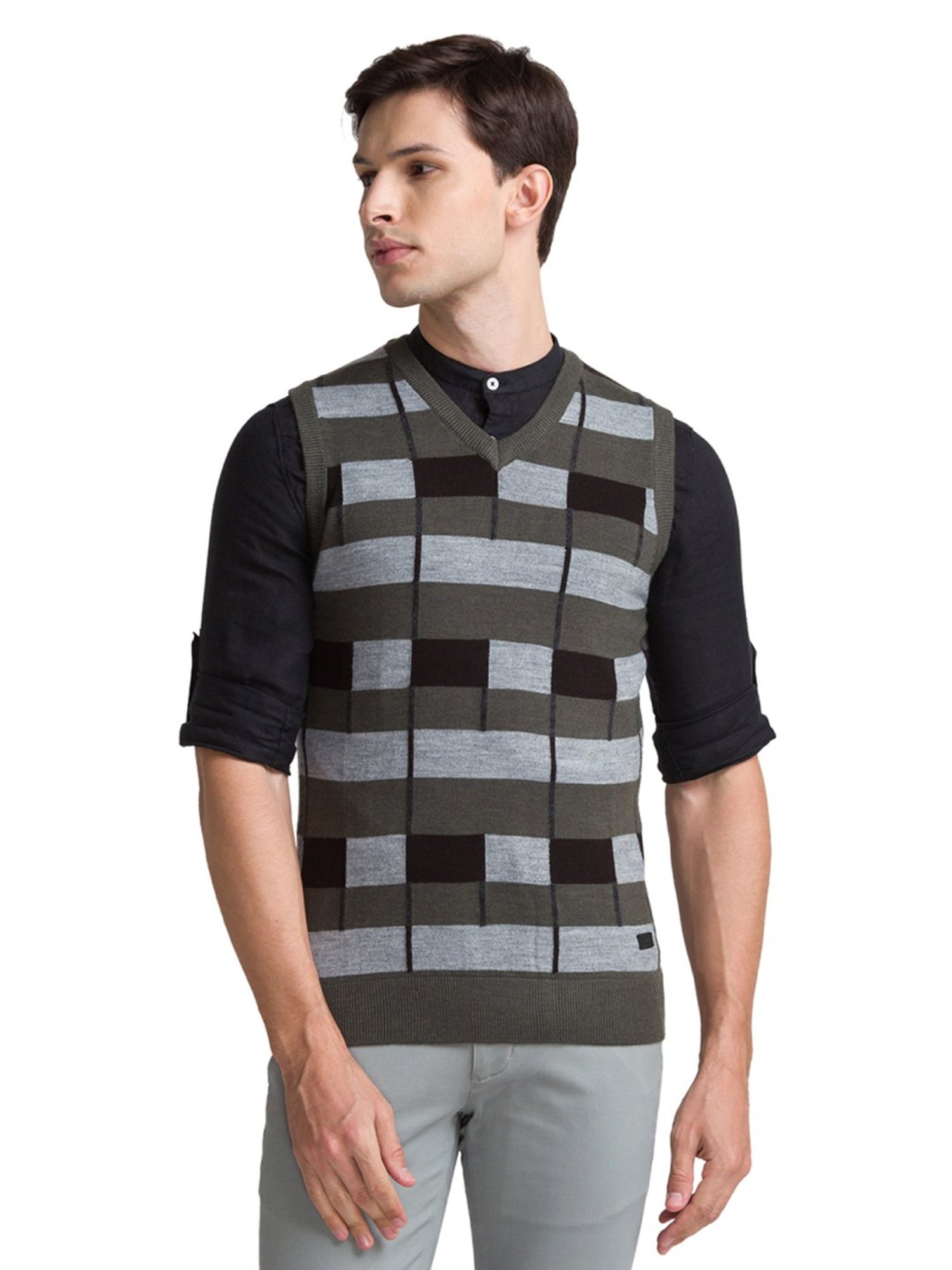 Parx Grey Regular Fit Striped Sweaters