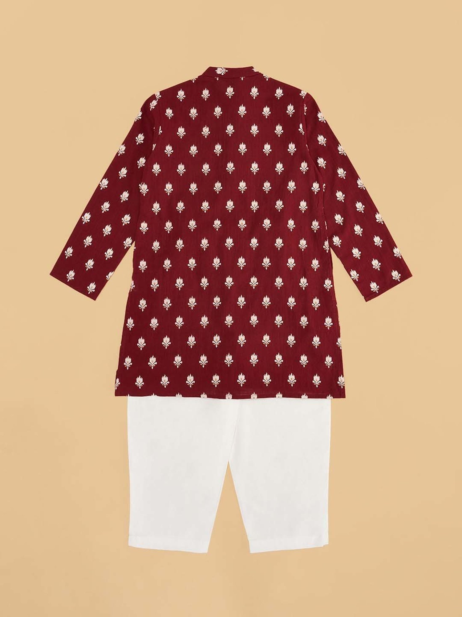 Indus Route by Pantaloons Kids Maroon & White Cotton Printed Full Sleeves Kurta Set