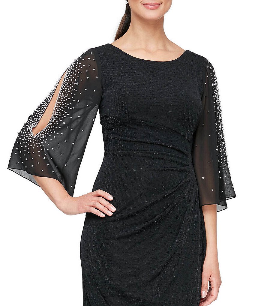 Alex Evenings Embellished Illusion Ruffle 3/4 Sleeve Jewel Neck Sheath Dress