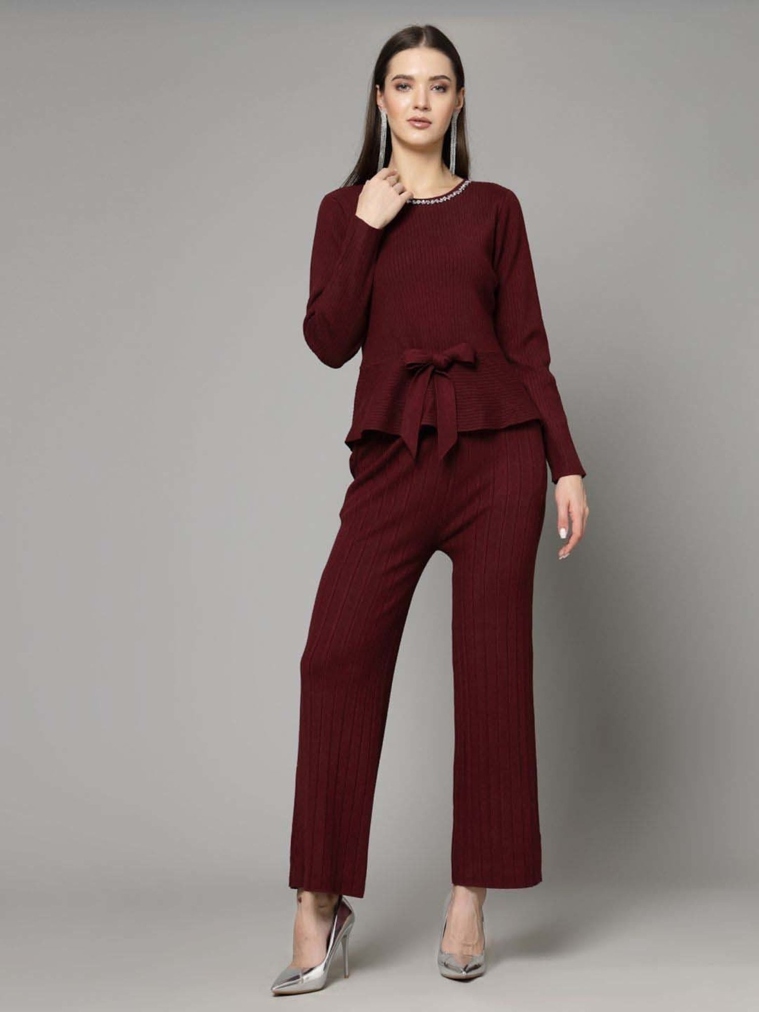 Mafadeny Maroon Embellished Top Pants Set
