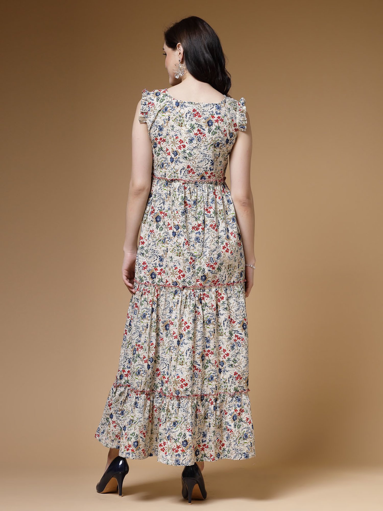 Indibelle Beige Cotton Floral Ethnic Dress