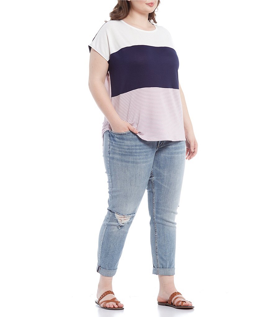 Moa Moa Plus Size Colorblock Scoop Neck Dolman Short Sleeve Back Twist Detail Knit Top