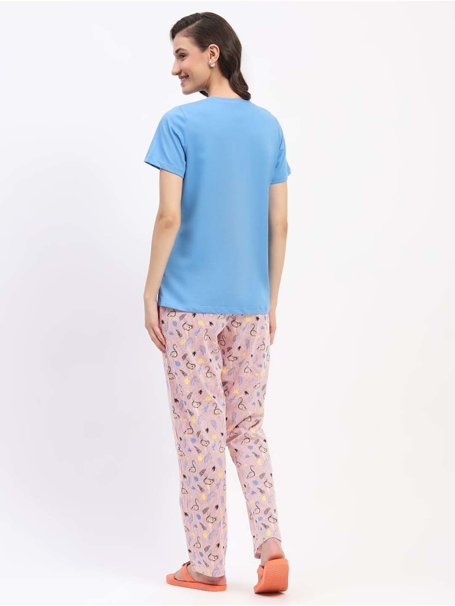 MADAME M Secret Blue Cotton Printed T-Shirt Pyjamas Set