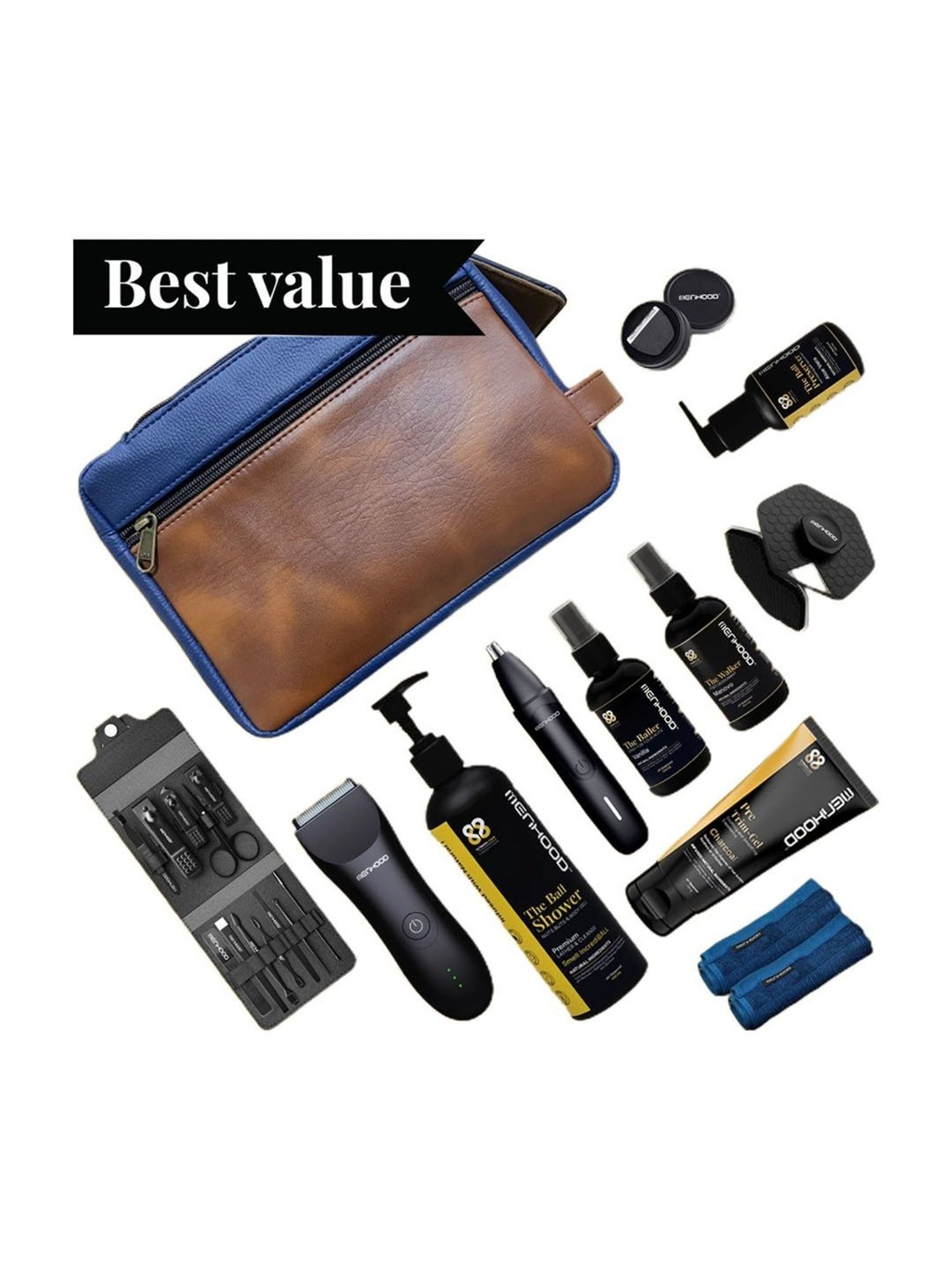 MENHOOD Essential Package 2.0, Trimmer, Pre-Trim Gel, Ball Shower Gel, Razor, Man-Cure Kit & More