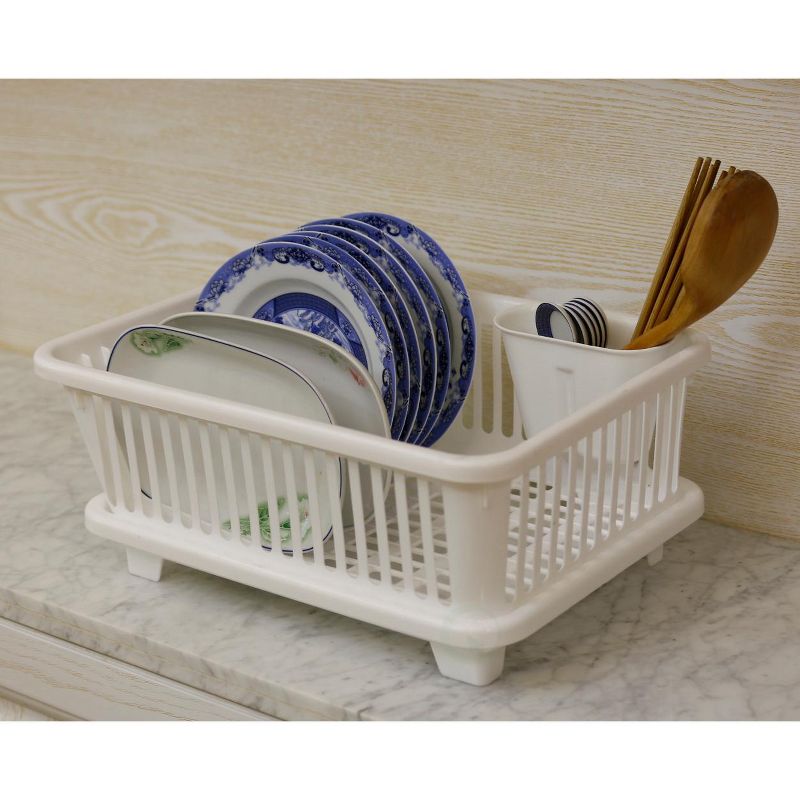 Basicwise Plastic Dish Rack with Drain Board and Utensil Cup