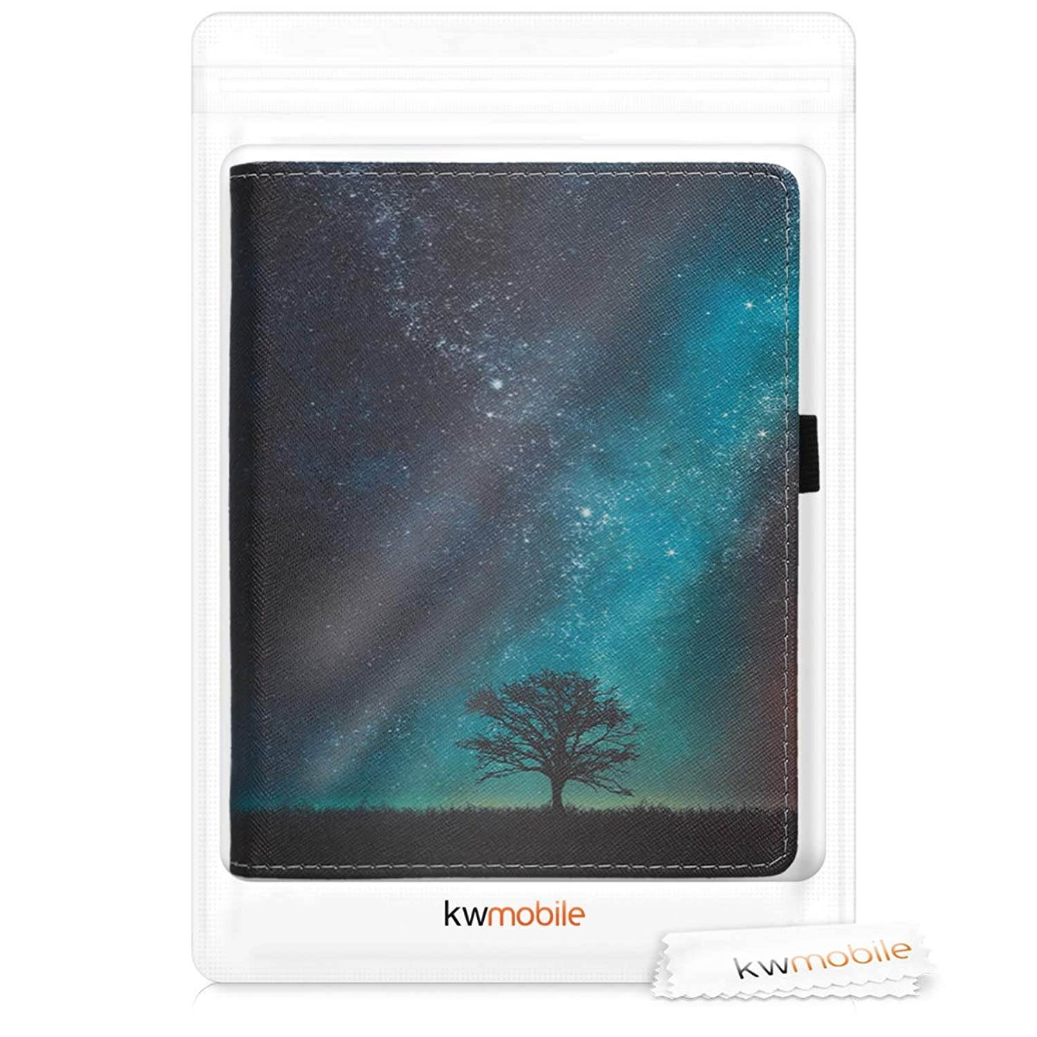 kwmobile Case Compatible with Kobo Aura H2O Edition 2 - PU Leather Cover with Magnet Closure, Stand, Strap, Card Slot - Cosmic Nature Blue/Grey/Black