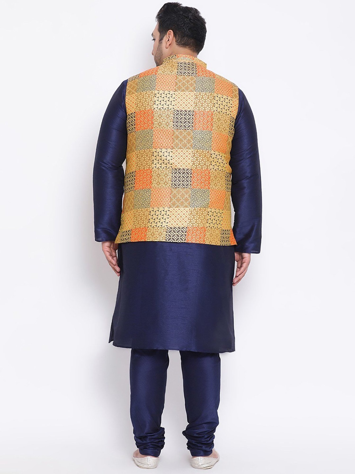 KISAH PLUS Yellow & Navy Regular Fit Printed Kurta Set With Jacket