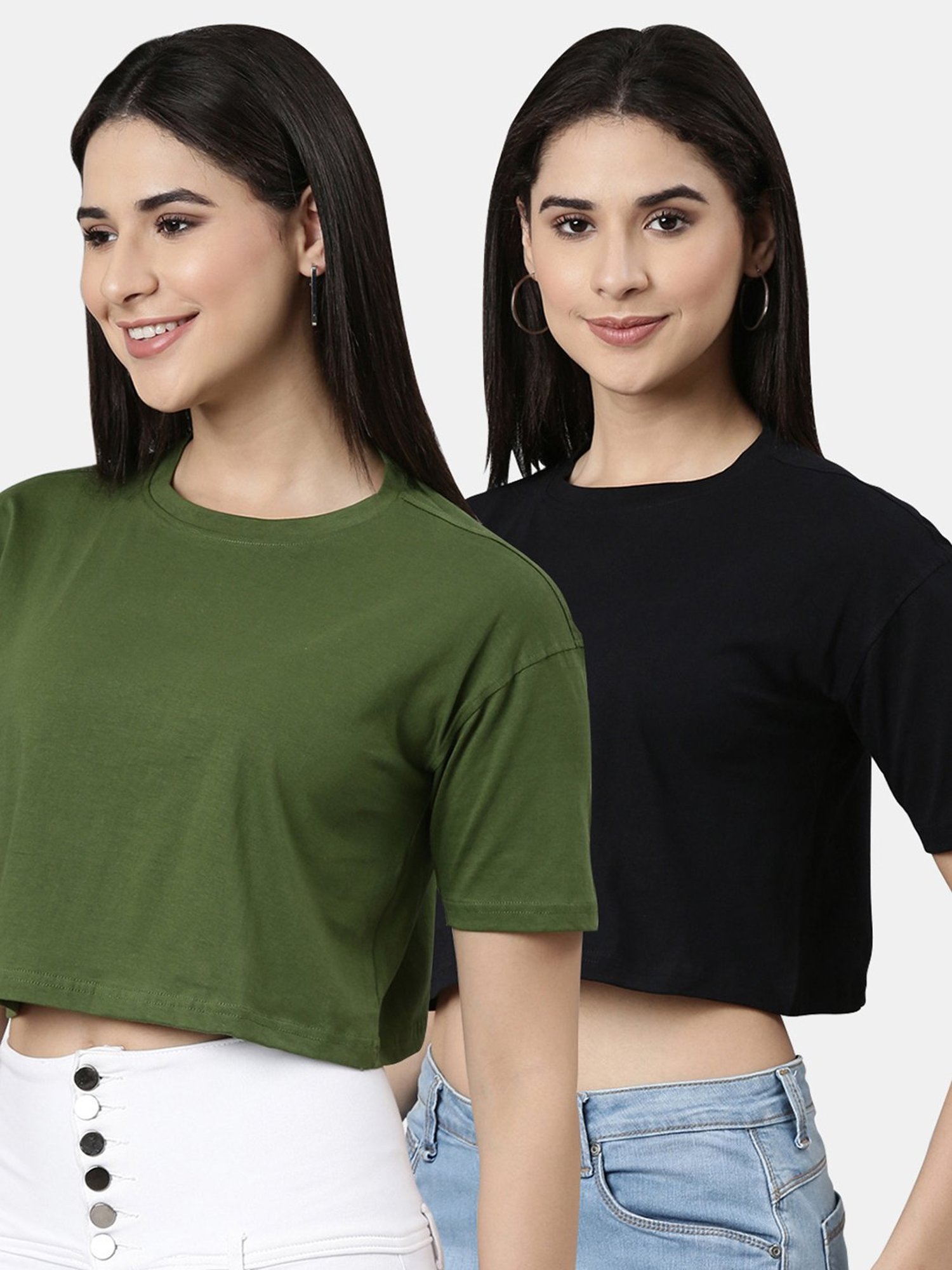 Kryptic Green & Black Cotton Relaxed Fit Crop T-Shirt (Pack Of 2)