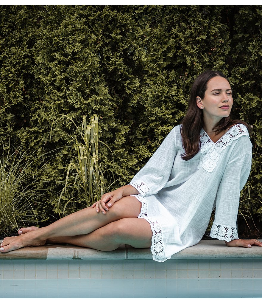 M Made In Italy Crochet Lace Trim Cotton V-Neck 3/4 Short Sleeve Shift Dress