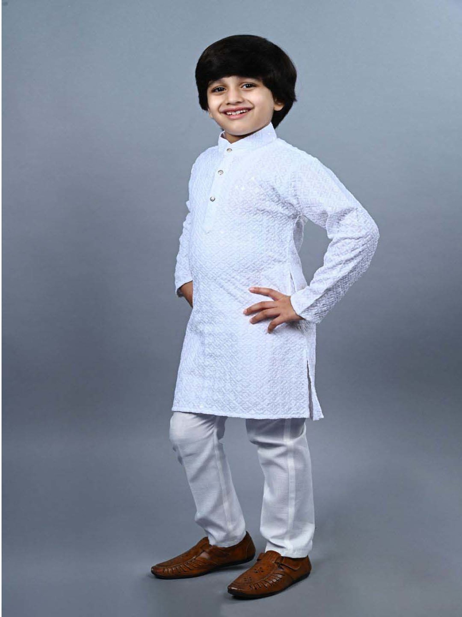 Ahhaaaa Kids Blue & White Cotton Embroidered Full Sleeves Kurta Set